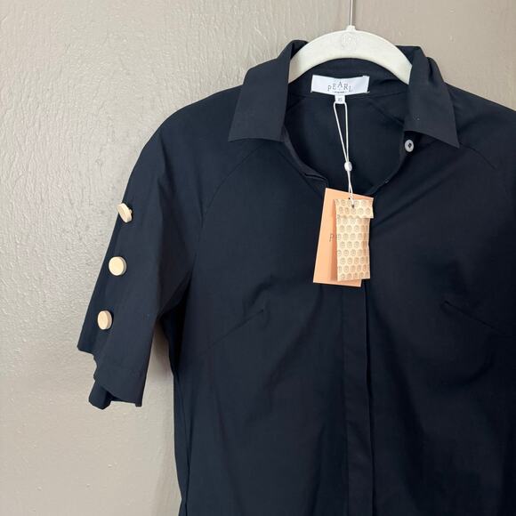 NWT PEARL LELA ROSE Navy Cotton Poplin Button Detail Sleeve Size XS mini dress - Picture 2 of 8